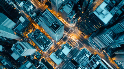 Aerial view of a modern cityscape with illuminated skyscrapers and busy roads at night showcasing a vibrant urban atmosphere