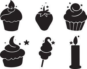 Cake and Dessert Icons Set, Sweet Food, Cupcakes, and Birthday Symbols
