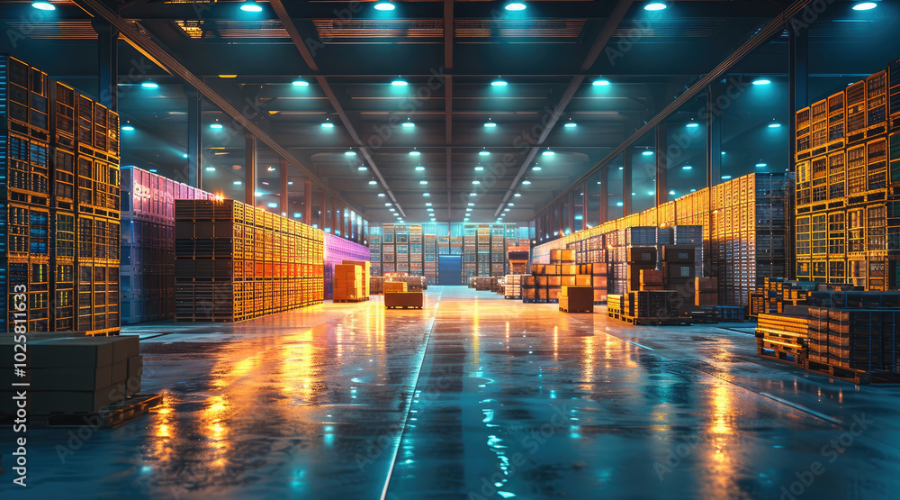 Aufkleber A large warehouse with lighting, boxes, and pallets of goods in the background. illuminated by bright lights that highlight details like colors and textures on.