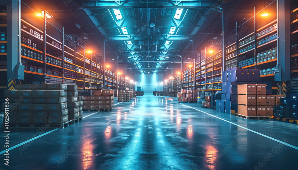 Poster a large warehouse with lighting, boxes, and pallets of goods in the background. illuminated by brigh