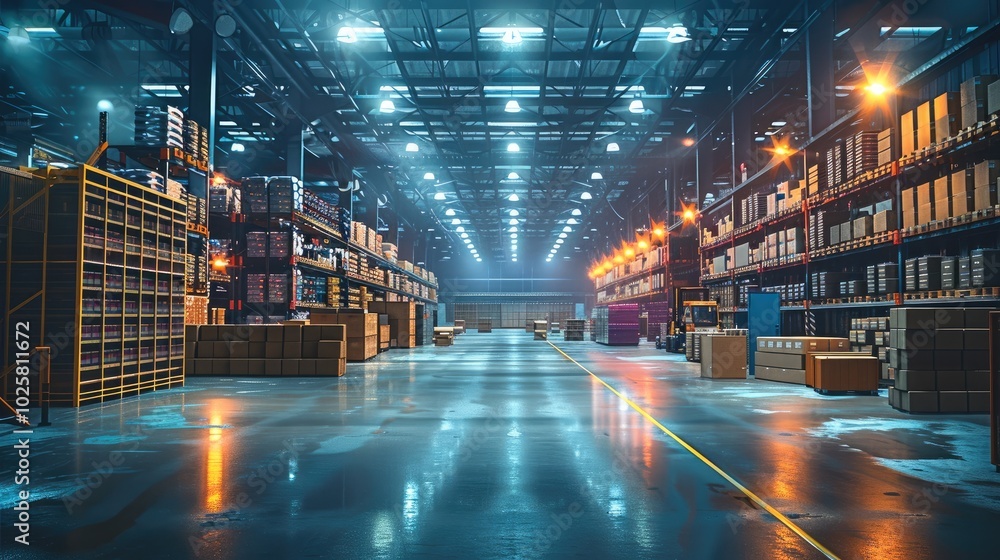 Poster a large warehouse with lighting, boxes, and pallets of goods in the background. illuminated by brigh