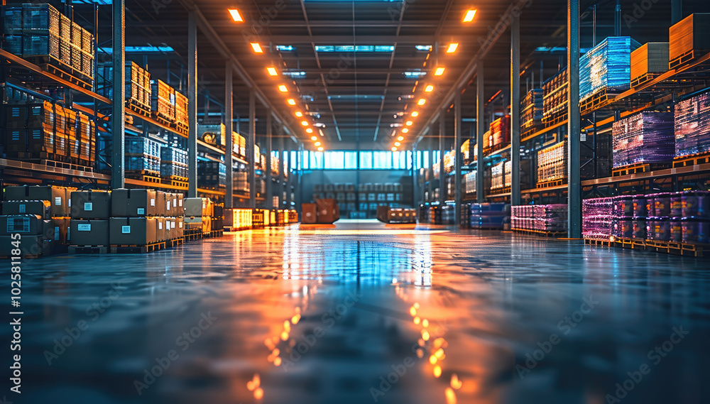 Aufkleber a large warehouse with lighting, boxes, and pallets of goods in the background. illuminated by brigh