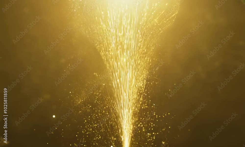 Poster golden sparks burst from point source illuminating dark background.