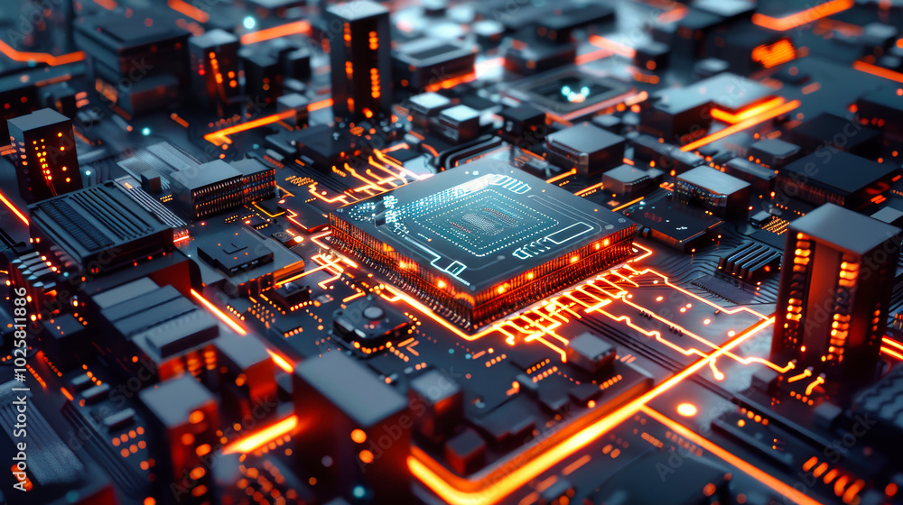 Aufkleber aerial view of a detailed ai chip with a holographic interface surrounded by futuristic buildings an