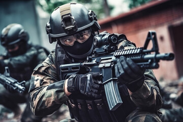 Chinese soldier in tactical gear holds a firearm while crouching in an urban training environment during a military exercise