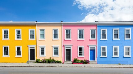 Obraz premium A vibrant row of colorful houses showcases bright facades in shades of pink, blue, and yellow, lined along a sunny street.