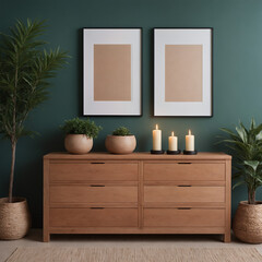 A modern interior dining room featuring an Ash wooden chest of drawers with av dark chartreuse wall.