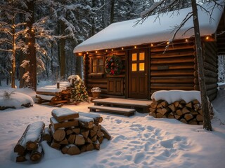 a cabin with a snow covered porch and a wreath on the front door