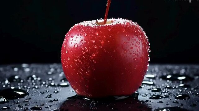 red apple on black with water drops 