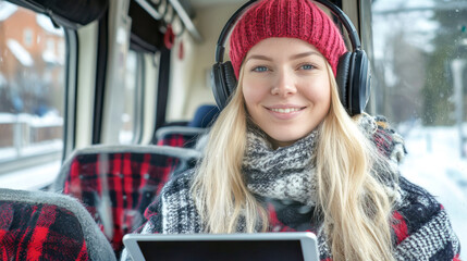 Blonde woman smiling with headphones and a tablet while enjoying a scenic train ride through a winter landscape