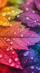 Fototapeta premium A tight shot of a rainbow-hued leaf, adorned with dewdrops, against a backdrop of the rainbow's vibrant arc
