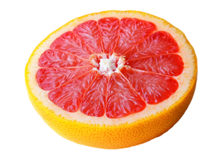 A halfcut grapefruit, its pink interior contrasting with its yellow rind