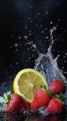  A group of strawberries and lemons, with water splashing from the top of the strawberries to their side