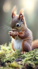 Obraz premium Squirrel atop mossy ground, nibbles food as sunlit trees backdrop shines