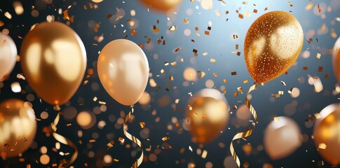  A vibrant party scene filled with swirling confetti, golden balloons