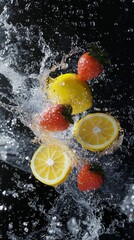  A group of lemons, strawberries, and cherries splash into the water against a black background