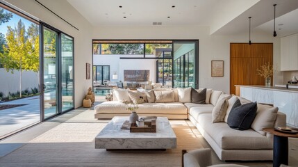 Fototapeta premium Modern living room with chic sectional sofa, marble coffee table, and minimalist decor. Glass doors leading to patio