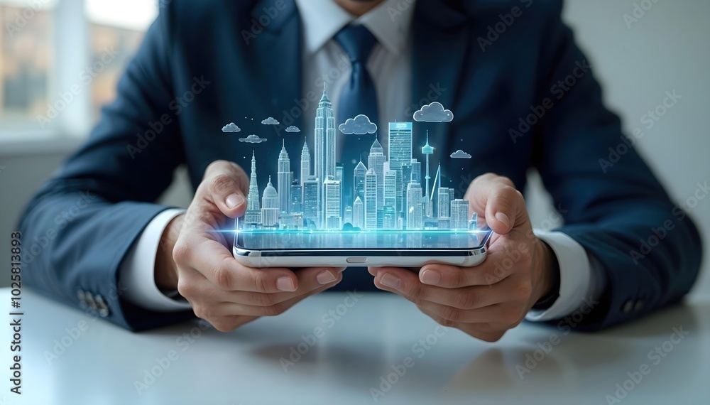Poster a sleek, transparent smartphone with a holographic display showing a 3d map of a city, in a modern t