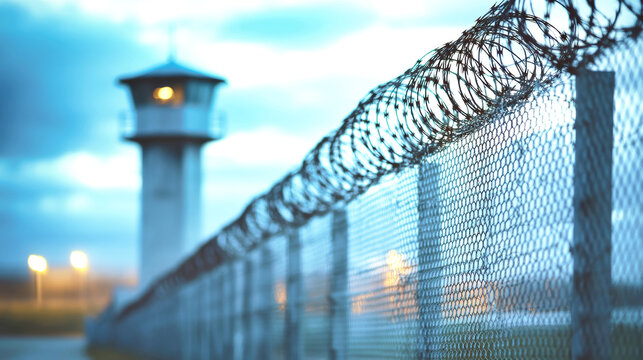 Detailed view of a barbed wire fence with a guard tower at a prison, captured in sharp focus under soft lighting and a blurred background
