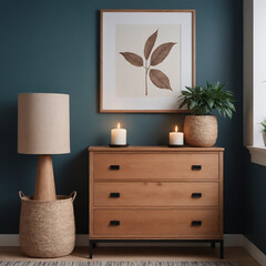 A modern interior patient room featuring a Cherry wooden chest of drawers with a dark blue wall illustration image.