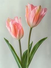 Naklejka premium Two delicate pink tulips with green stems against a white background.