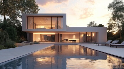 Sunset view of a modern cubic villa with a pool, highlighting its minimalist design and serene atmosphere.