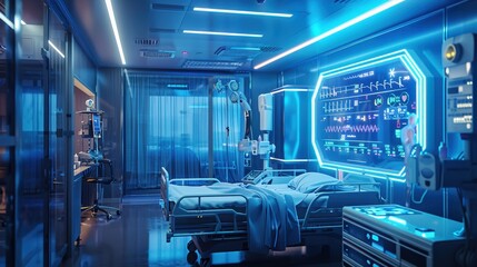 Fototapeta premium Futuristic hospital room with advanced medical equipment and bright lighting.