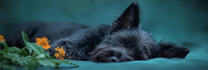  A tight shot of a dog reclining on a bed of lush grass Flowers bloom prominently in the foreground, while the background softly blurs