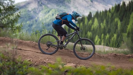 Fototapeta premium Mountain biker cyclist riding a bicycle downhill on a mountain bike trail.