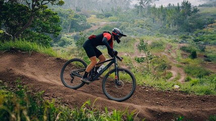 Fototapeta premium Mountain biker cyclist riding a bicycle downhill on a mountain bike trail.