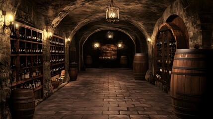 Fototapeta premium A View Down the Length of a Stone Wine Cellar with Wine Barrels and Bottles