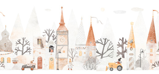 Snow-covered city. Fairy-tale houses in the winter forest. City of bunnies. Watercolor illustration for a children's room. Winter postcard. Seamless pattern. Beige colors.