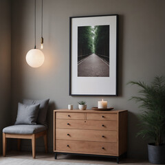 A modern interior subway station waiting area featuring a Fir wooden chest of drawers with a dark slate grey wall Illustration image.