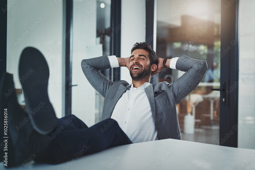 Poster Relax, business man and legs on desk, laughing and finish project in corporate office. Resting, worker and shoes on table on break for stretching, complete task and calm or happy salesman with peace