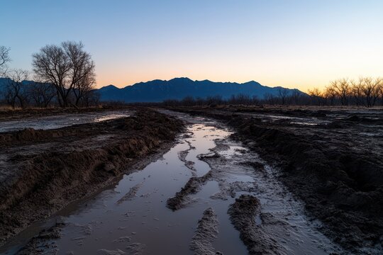 a muddy road in front of a mountain at sunset