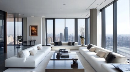 Fototapeta premium Sleek living room with minimalist furniture, monochromatic palette, and floor-to-ceiling windows. Sophisticated and elegant