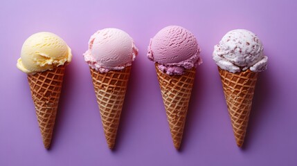 Colorful Ice Cream Cones on Purple Background