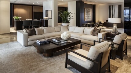 Fototapeta premium Sleek modern living room with angular furniture, clean lines, and a neutral palette. Stylish and sophisticated