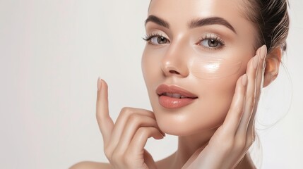 skin care. Beautiful woman touching healthy facial skin portrait. Beautiful smiling Asian girl model with natural makeup, close-up on blue background, touching glowing hydrated skin