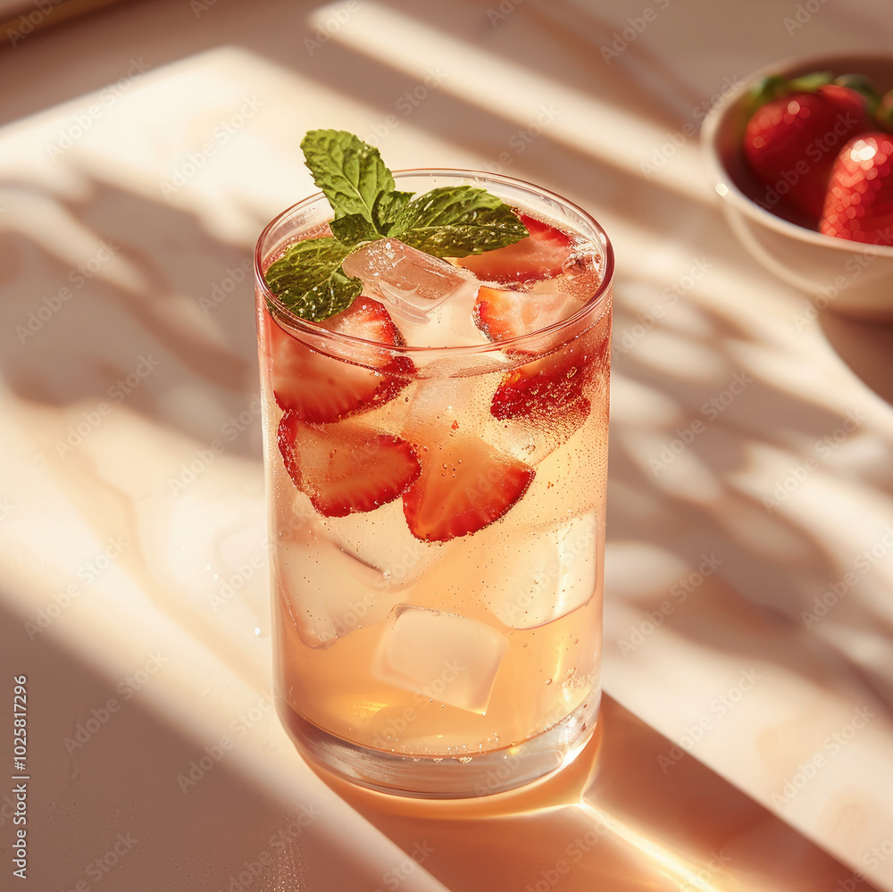 Poster a refreshing strawberry lemonade in a sleek, clear glass with just a few small strawberry slices and