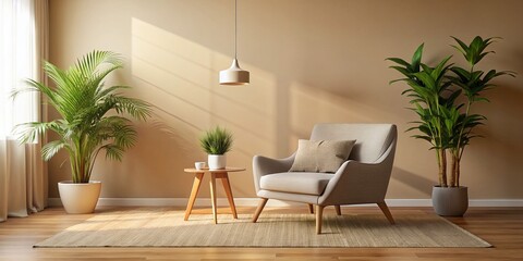 Modern Minimalist Living Room Interior Mockup with Chair and Plant Decor for Stylish Home Design