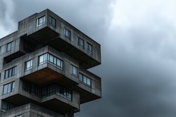 a building with multiple floors on top of a cloudy sky