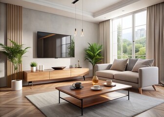 Fototapeta premium Modern Minimalist Living Room with Large TV and Cozy Couch for Stylish Interiors