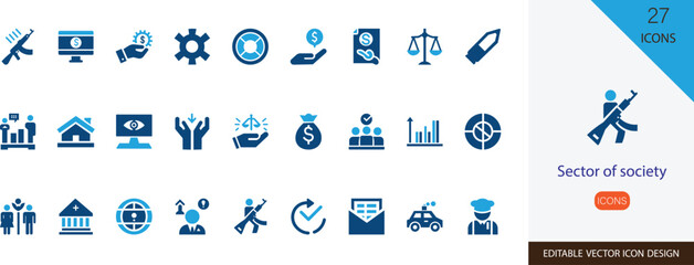 Sector of society solid icon set. containing Community, culture, economy, education, environment more vector art