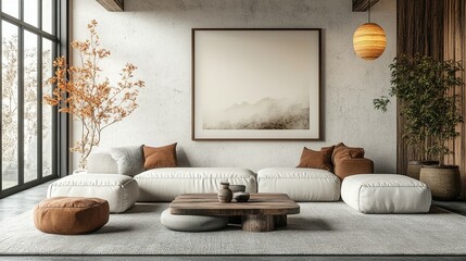 A Japandi-inspired living room with a white wall, white couch, coffee table, plant, and a mock-up frame next to the window.