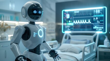 Fototapeta premium Robot assistant in a futuristic hospital room with medical equipment.