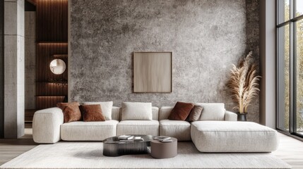 Stylish living room with modern furniture, neutral tones, and an accent wall. Bright, airy, and open space