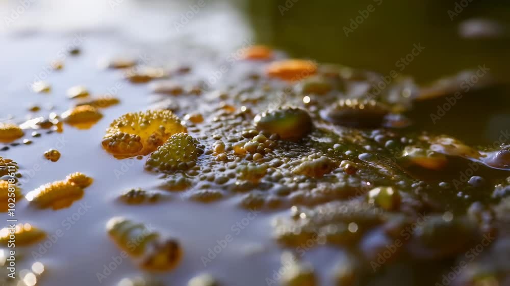 Poster macro photography of algae and bubbles on water surface in forest setting