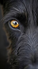  A tight shot of a black dog's expressive face, its right eye replaced by a vivid, sunlit yellow orb
