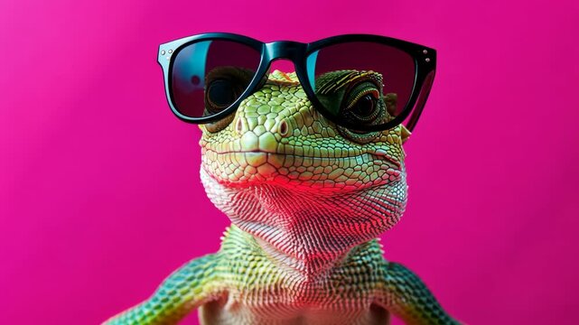 A green lizard wearing sunglasses looks at the camera against a pink background